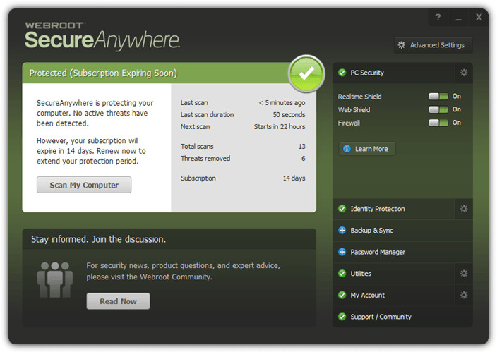 Webroot SecureAnywhere Antivirus windows